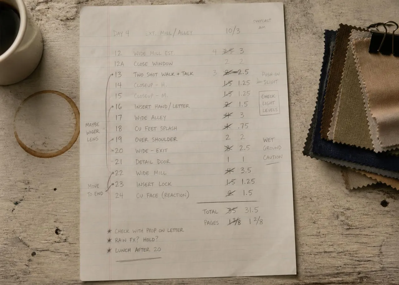 A handwritten run sheet with pencil annotations next to fabric samples