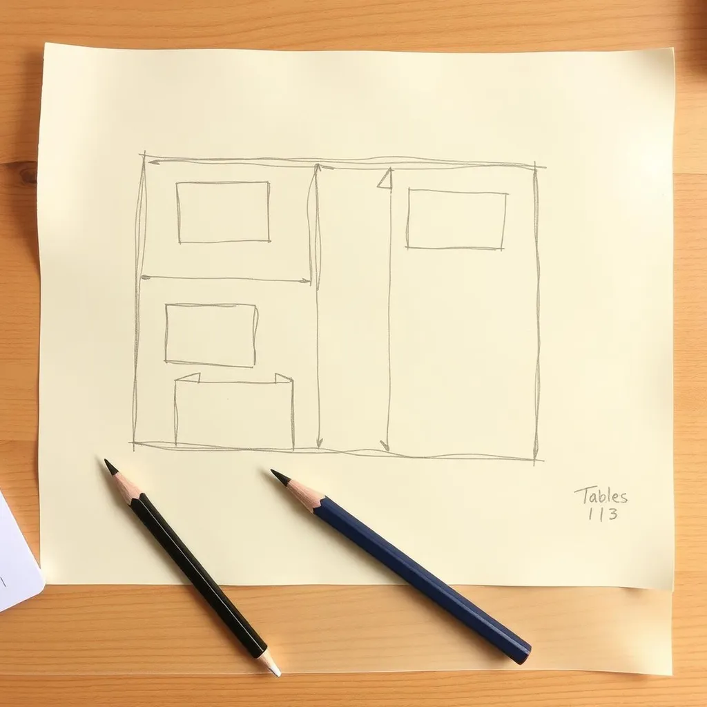 A pencil floor plan of a dining room with arrows and handwritten timings