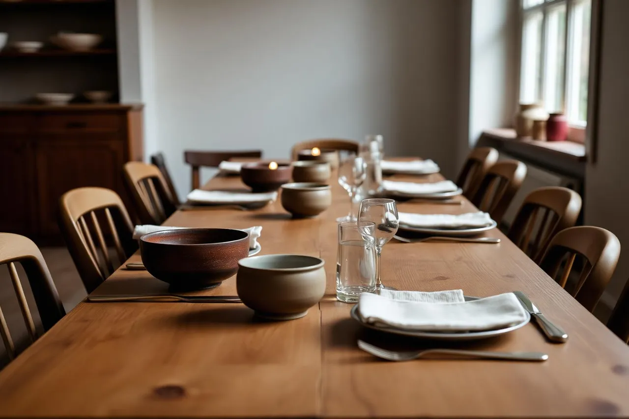 A long wooden table half set for dinner, linen and ceramics in low light
