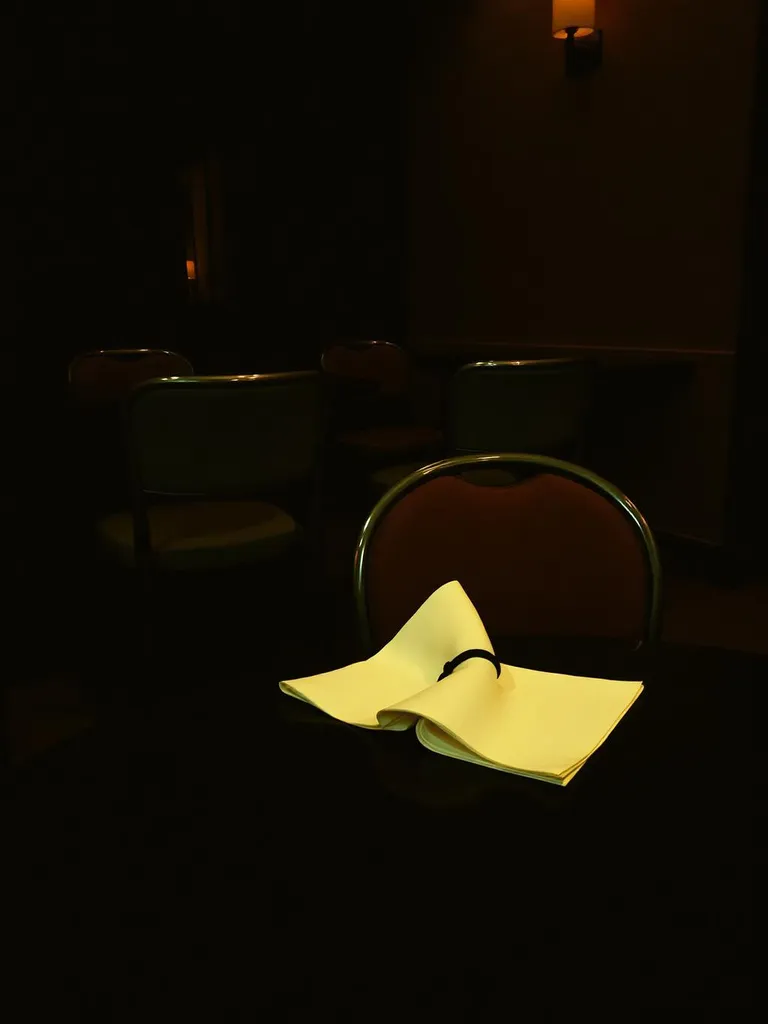 An empty table at the end of an evening, chairs pushed back, a folded napkin left behind.