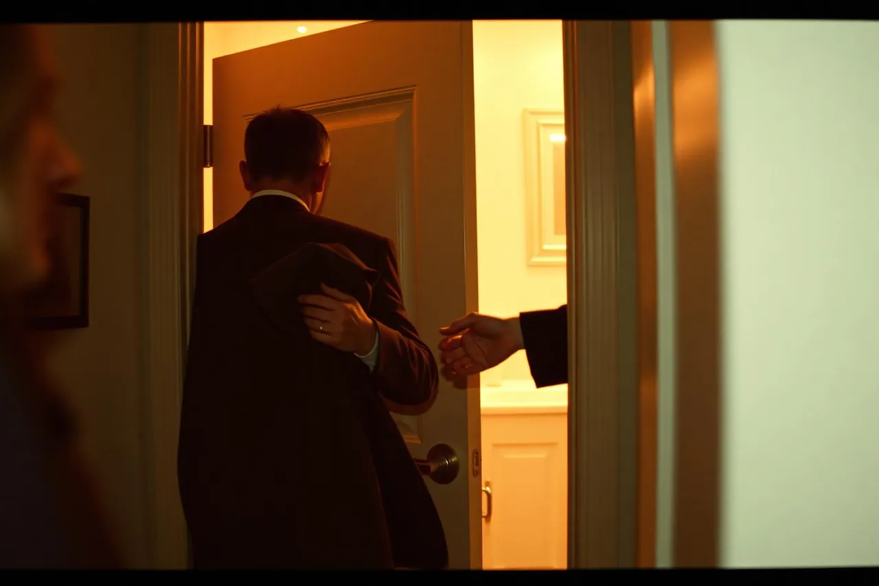 A host greeting an arriving guest in a lit doorway.