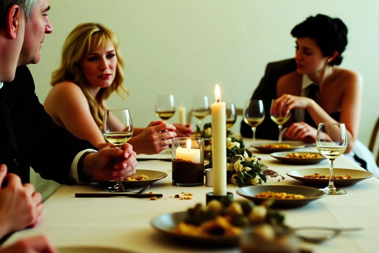 Two guests mid conversation at a table