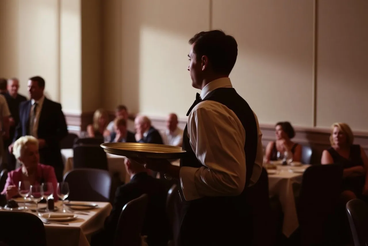A member of service standing at the edge of a room, tray in hand, reading the room.