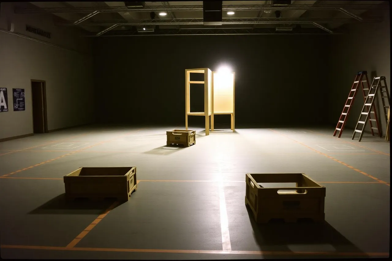 An empty venue floor during load-in, with taped floor plan markings and crates
