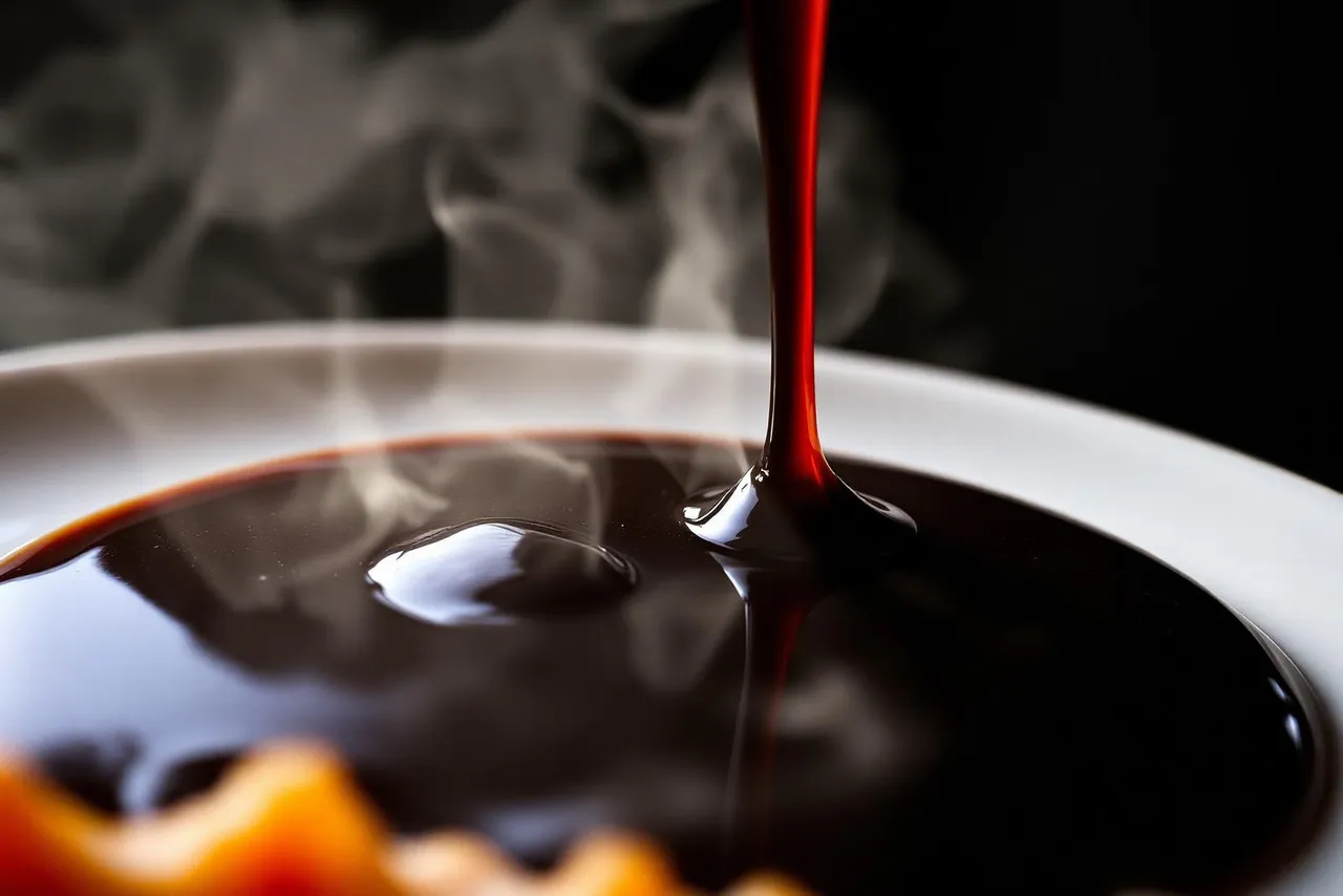 A dark glossy sauce poured close up, steam rising