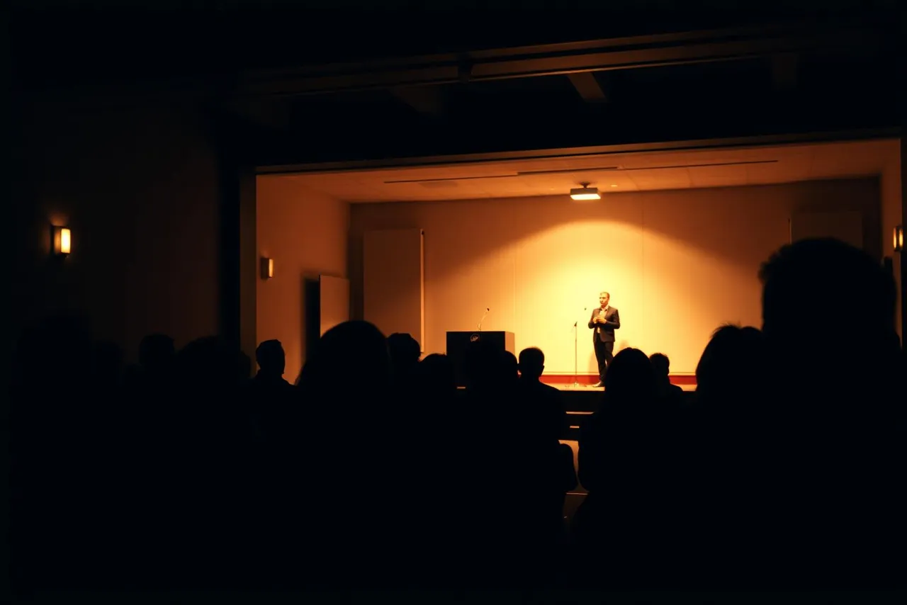 A speaker on a small stage seen from the back of a dark room