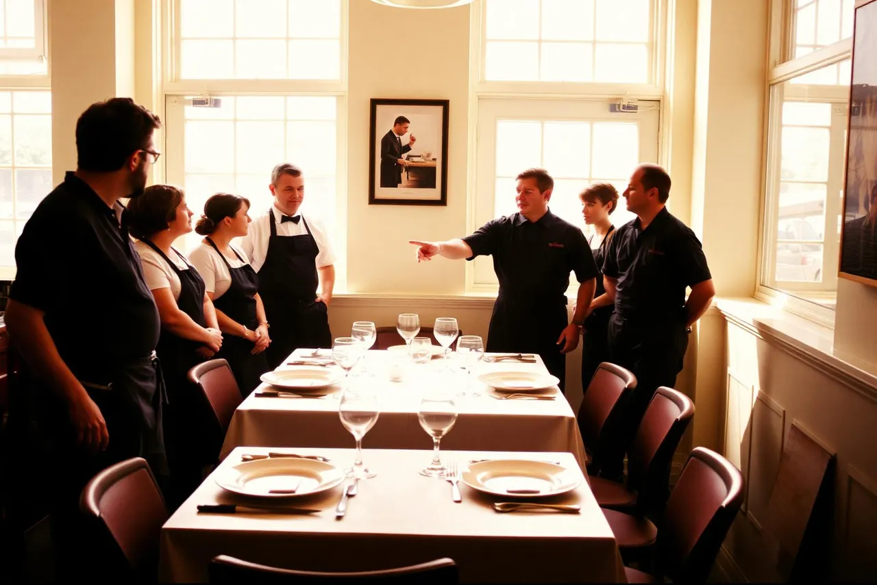 A restaurant team standing around a laid table during a briefing before service