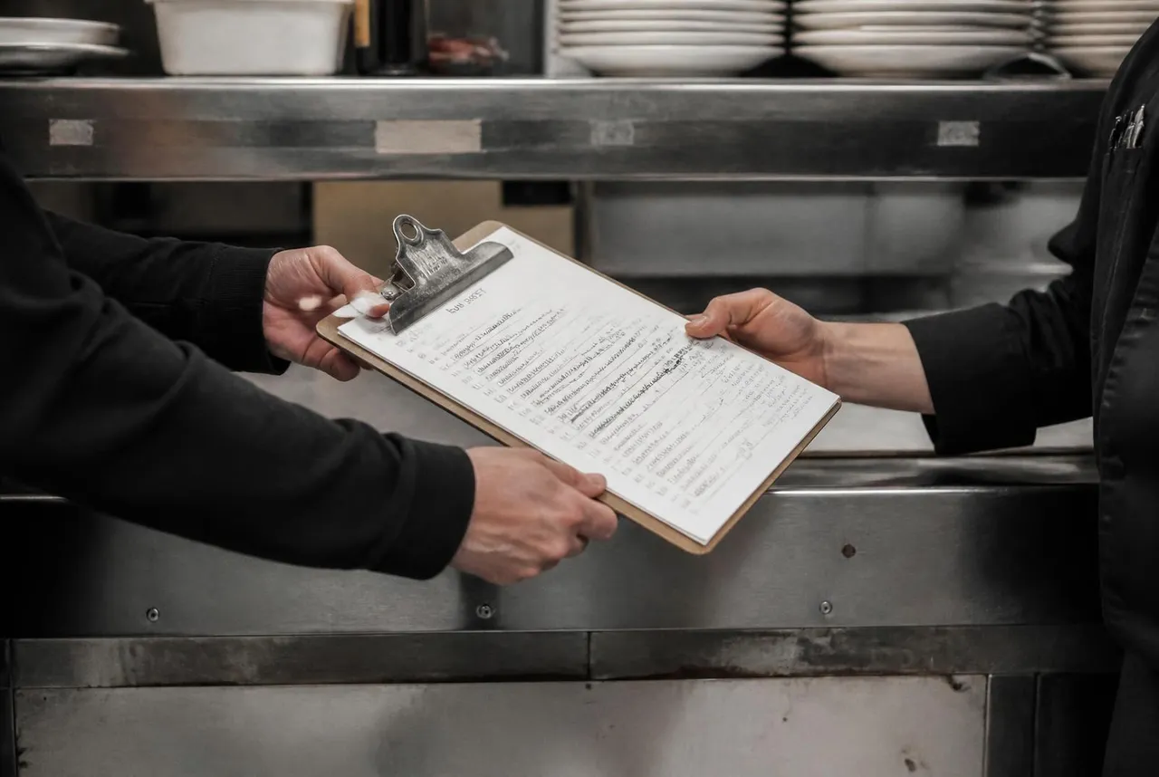 A handover across the pass in a working kitchen.