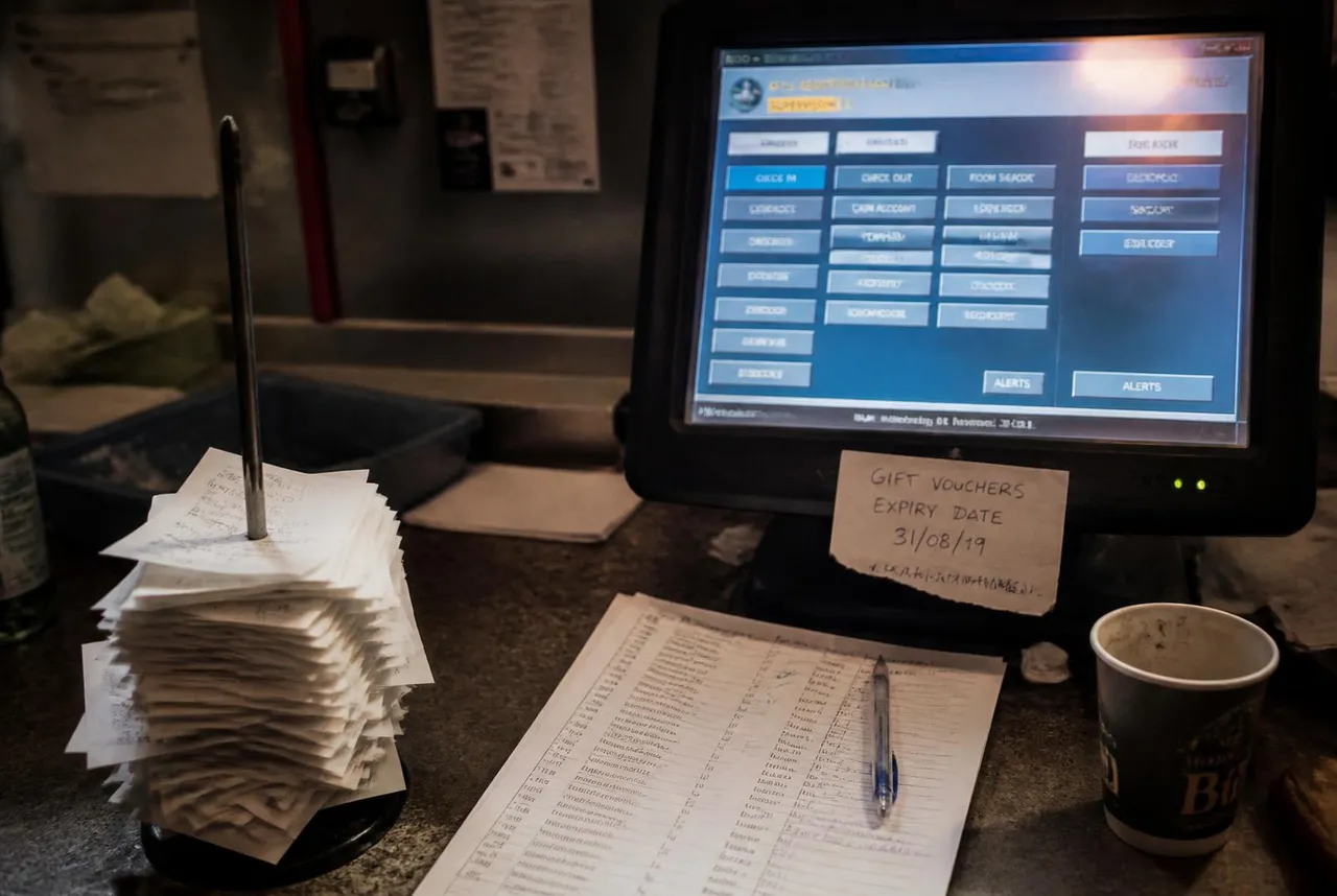 A worn point-of-sale terminal on a counter.